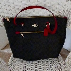 Large Coach Tote/Chocolate Brown/Red